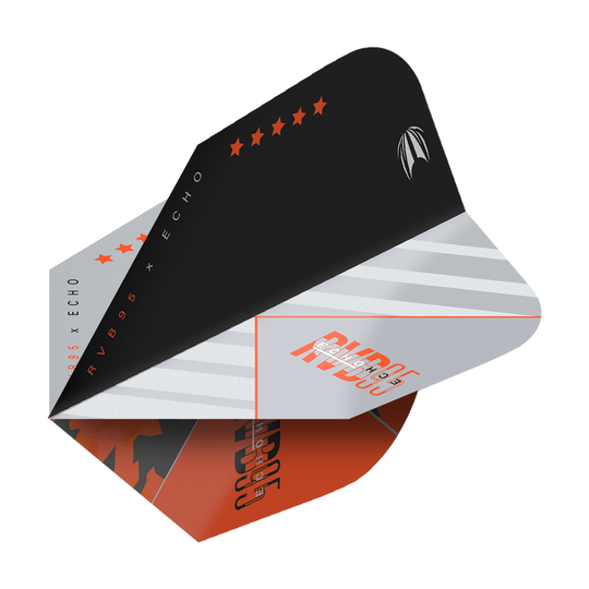 Das Bild zeigt das Produkt "Target Pro Ultra RvB95 X Echo Ten-X Flights". Die Dart-Flights sind in Schwarz, Weiß und Orange gestaltet und tragen verschiedene grafische Elemente und Schriftzüge.
