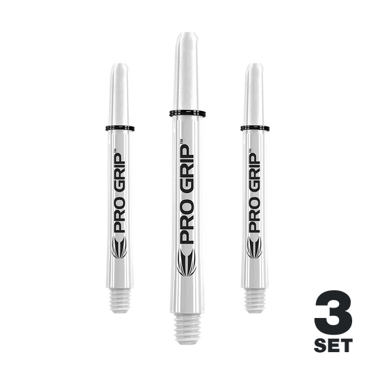 Target Pro Grip Shafts - 3 Sets - White Das Bild zeigt drei weiße Pro Grip Shafts für Darts. Unten rechts steht "3 SET", was auf ein Set mit drei Stück hinweist.