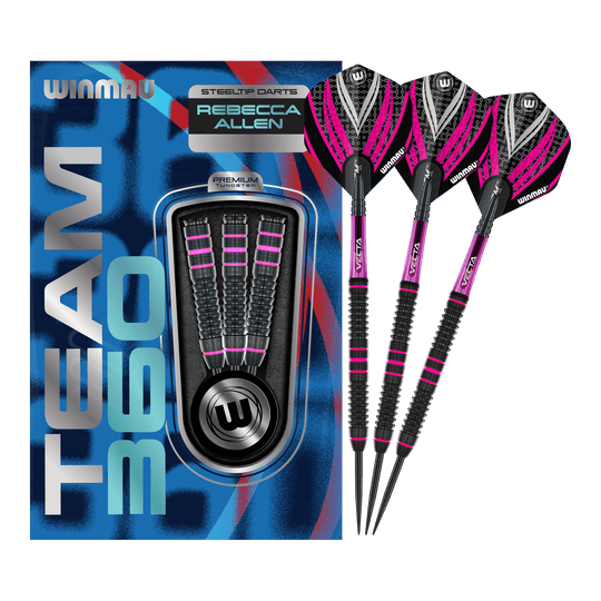 Diese Grafik zeigt die Winmau Team 360 Rebecca Allen Steeldarts - 24g in ihrer vollen Länge. Sie sind für ambitionierte Dartspielerinnen und Dartspieler geeignet.