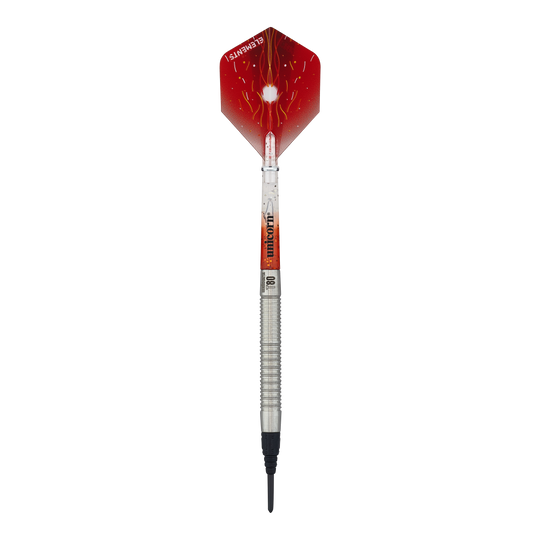 Auf dem Bild ist ein Softdart der Marke Unicorn Core XL Striker Style 1 mit einem Gewicht von 19g zu sehen. Die Flights sind rot mit einem weißen Muster, und der Schaft ist silbern.