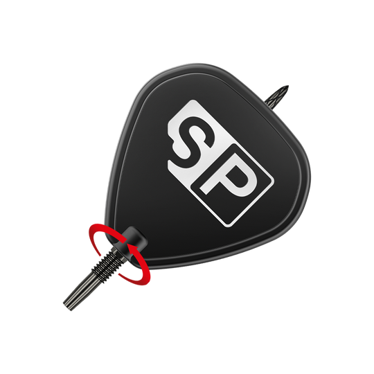 Target Swiss DS Surge Point dart tips - Black Das Bild zeigt eine schwarze Dartspitze mit der Aufschrift „SP“. Ein roter Pfeil deutet auf das Gewinde hin und zeigt, dass die Spitze eingeschraubt werden kann.