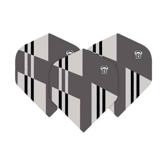 Das Bild zeigt drei Dart-Flights des Produkts „Bulls B-Star Tac No2 Standard Flights“. Die Flights sind in Grau-, Schwarz- und Weißtönen mit geometrischem Muster gestaltet.
