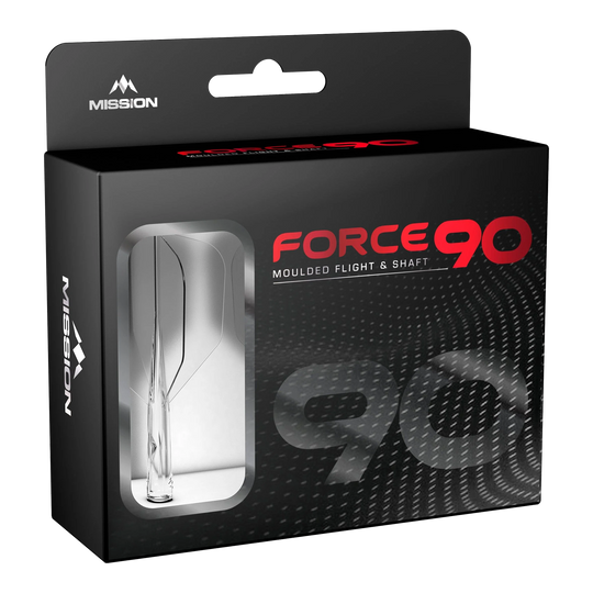 Mission Force 90 No6 Flight Shaft System - Clear Die Abbildung zeigt die Verpackung des Produkts „Mission Force 90 No6 Flight-Shaft-System - Clear“. In der schwarzen Box mit Sichtfenster ist das transparente Flight-Shaft-System zu erkennen.