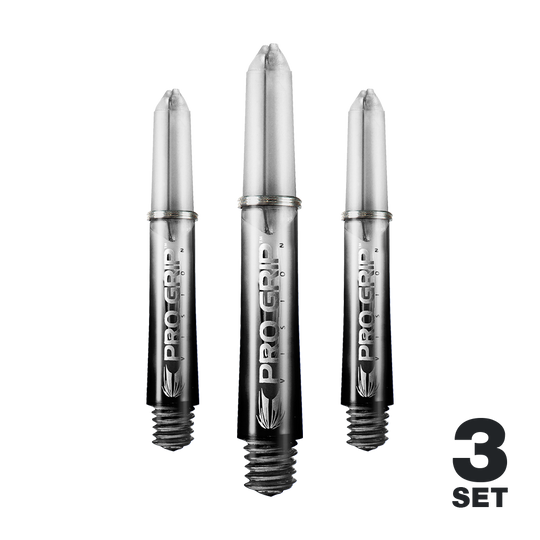 Target Pro Grip Vision Shafts - 3 Sets - Black Das Bild zeigt drei schwarze Pro Grip Vision Shafts für Darts. Unten rechts steht "3 Set", was auf ein Set mit drei Stück hinweist.