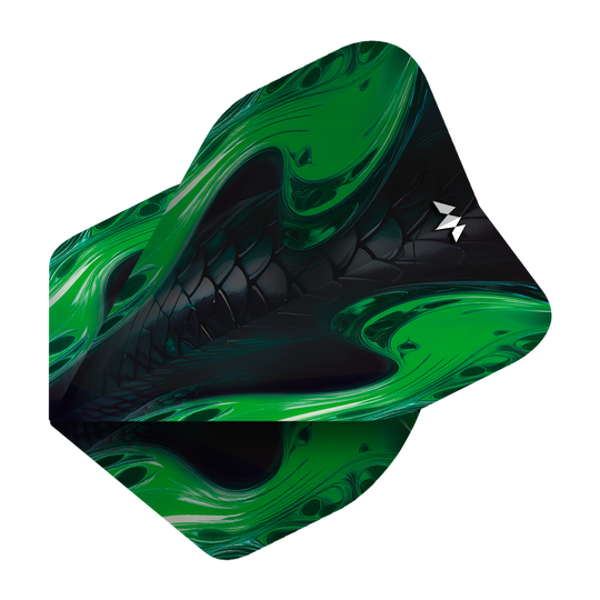 Das Bild zeigt die "Mission Solo Venom No2 Standard Flights" mit einem auffälligen grünen und schwarzen Design. Das Muster erinnert an Schlangenhaut und verleiht der Flight einen dynamischen Look.