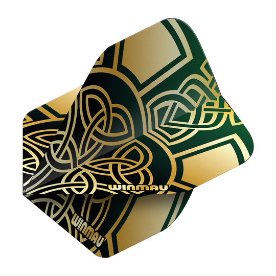 Gezeigt werden die Winmau Prism Delta Brendan Dolan Celtic Knot Black Gold No2 Standard Flights. Die Flights sind für Darts mit einem auffälligen keltischen Design gestaltet.