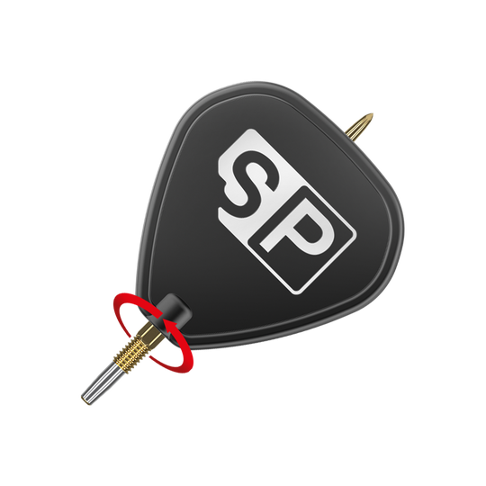 Das Bild zeigt die Target Swiss Point GRD Gold Dartspitzen. Die Spitzen sind goldfarben und an einem schwarzen Flight mit „SP“-Logo befestigt.