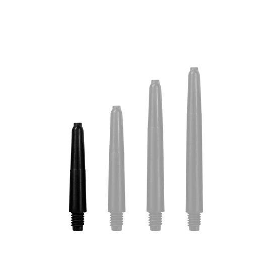 565_Nylon_Shafts_mit_Wunschdruck_Schwarz_28mm_1KsgK9sFJEVpDj Das Bild zeigt vier schwarze Nylon-Schäfte in unterschiedlichen Längen. Sie sind nebeneinander aufgereiht und haben ein Gewinde am unteren Ende.