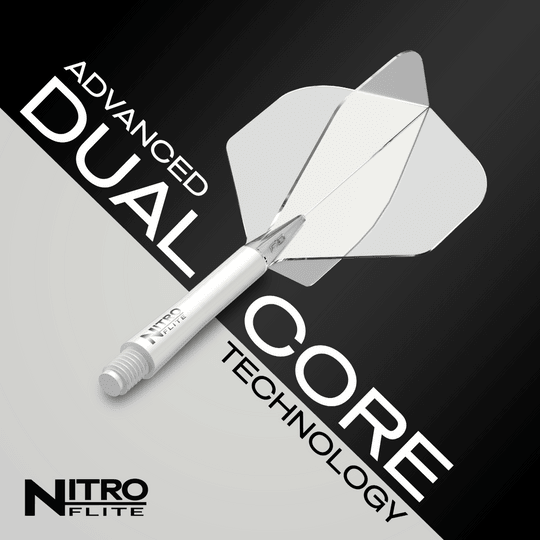 Red Dragon Nitroflite - White Shaft Clear No2 Flights Das Bild zeigt das Produkt "Red Dragon Nitroflite - White Shaft Clear No2 Flights". Auf dem Bild sind die Begriffe "Advanced Dual Core Technology" sowie das Produkt selbst gut sichtbar.