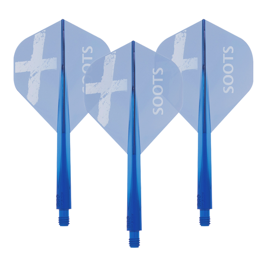 Condor AXE Soots Flight-System - Standard Das Bild zeigt drei blaue Dart-Flights des Produkts "Condor AXE Soots Flight-System - Standard". Auf jedem Flight steht das Wort "SOOTS" und ein weißes Kreuz ist abgebildet.