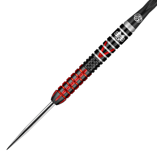 Shot Michael Smith Defiant Steeldarts Der abgebildete Dartpfeil hat ein modernes, schwarzes und rotes Design mit silbernen Akzenten. Er besitzt eine feine Metallspitze und einen strukturierten Griffbereich.