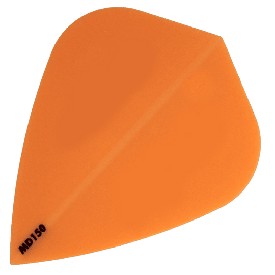 MD150-Kite-Orange Das Bild zeigt das Produkt "McDart MD150 - Kite Flight", eine orangene Dart-Flugfeder. In der unteren linken Ecke steht die Bezeichnung "MD150".