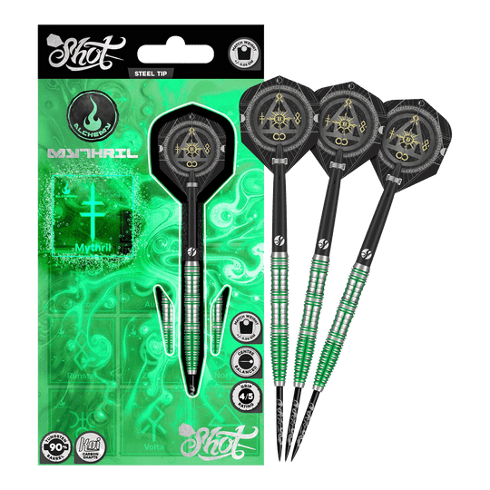 Shot Alchemy Mythril steel darts Auf dem Bild sind die Shot Alchemy Mythril Steeldarts komplett zu sehen. Sie überzeugen durch ihre edle Optik.