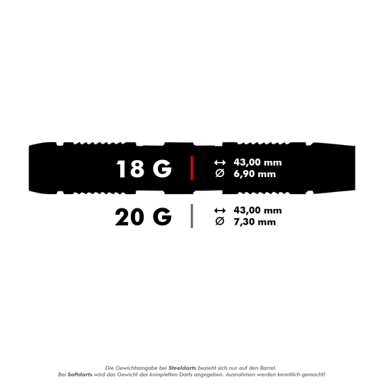Unicorn Ballista Style 2 soft darts Das Bild zeigt die technischen Daten von zwei Darts: 18 Gramm mit 43,00 mm Länge und 6,90 mm Durchmesser sowie 20 Gramm mit 43,00 mm Länge und 7,30 mm Durchmesser. Unten steht ein Hinweis zur Gewichtangabe bei Steeldarts und Softdarts.