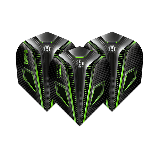 HR8_Harrows_Noble_Green_Standard_Flights_12dYcfFXmOCseu Das Bild zeigt drei Harrows Noble Green Standard Flights für Dartpfeile. Die Flights sind überwiegend schwarz mit grünen und silbernen Akzenten.