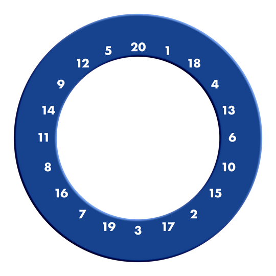 Ein rundes Dartboard-Surround kann ohne Logo und Zahlen in Blau gesehen werden. Das Bild zeigt das Produkt von vorne.