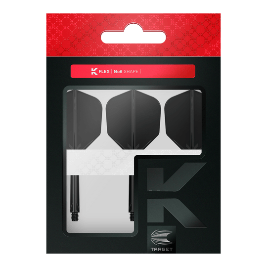 Target K-Flex No6 Flight System - Black Das Bild zeigt eine Verpackung mit drei schwarzen Dartflights und Schäften von Target. Oben auf der Packung steht "K FLEX | No6 SHAPE".