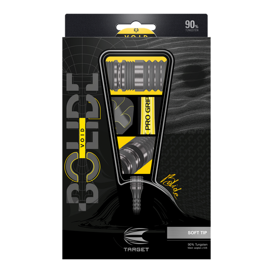 Target Bolide Void 10 soft darts Das Bild zeigt die Verpackung der "Target Bolide Void 10 Softdarts". Die Verpackung ist schwarz-gelb gestaltet und hebt die Darts mit 90% Tungsten-Anteil hervor.