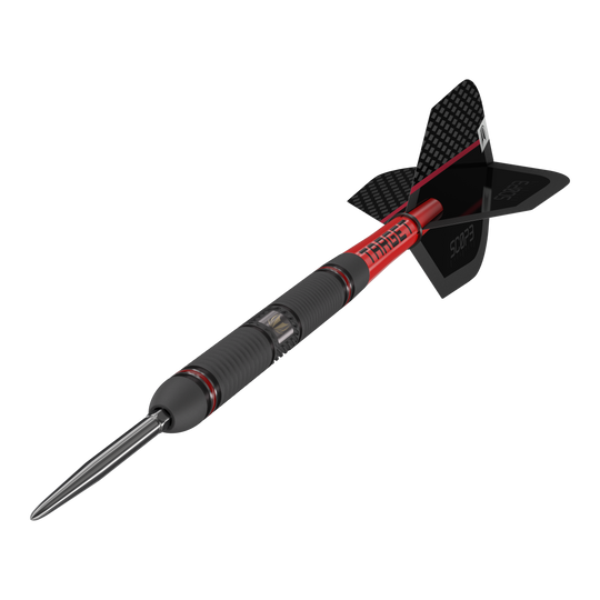 Target Scope 01 Swiss Point steel darts Das Bild zeigt einen Target Scope 01 Swiss Point Steeldart. Der Dartpfeil hat ein modernes Design mit schwarzen und roten Akzenten sowie einer stabilen Metallspitze.