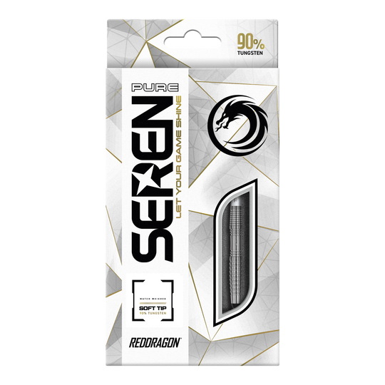 Die Abbildung zeigt die Verpackung der "Red Dragon Seren 3 Pure Softdarts - 20g". Auf der Vorderseite steht, dass die Darts 90% Tungsten enthalten und für Soft-Tip geeignet sind.
