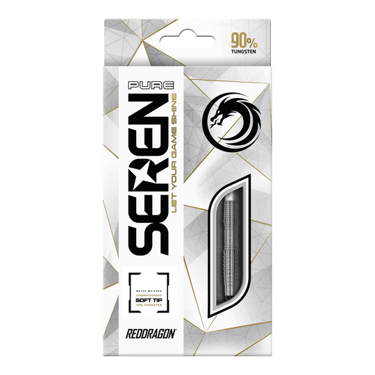 Red Dragon Seren 3 Pure Softdarts - 20g Die Abbildung zeigt die Verpackung der "Red Dragon Seren 3 Pure Softdarts - 20g". Auf der Vorderseite steht, dass die Darts 90% Tungsten enthalten und für Soft-Tip geeignet sind.