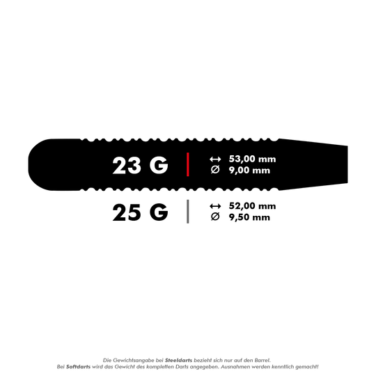 Das Bild zeigt die Maße der Unicorn Black Brass Gary Anderson V1 Steeldarts. Die Darts sind in 23 g mit 53 mm Länge und 9 mm Durchmesser sowie in 25 g mit 52 mm Länge und 9,5 mm Durchmesser erhältlich.