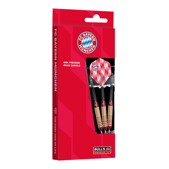Das Bild zeigt die Bulls FC Bayern München Brass Steeldarts mit 21 Gramm Gewicht. Die Darts sind im Design des Fußballvereins FC Bayern München gehalten.