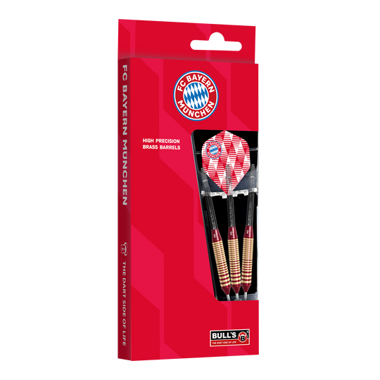Bulls FC Bayern Munich Brass Steel Darts - 21g Das Bild zeigt die Bulls FC Bayern München Brass Steeldarts mit 21 Gramm Gewicht. Die Darts sind im Design des Fußballvereins FC Bayern München gehalten.