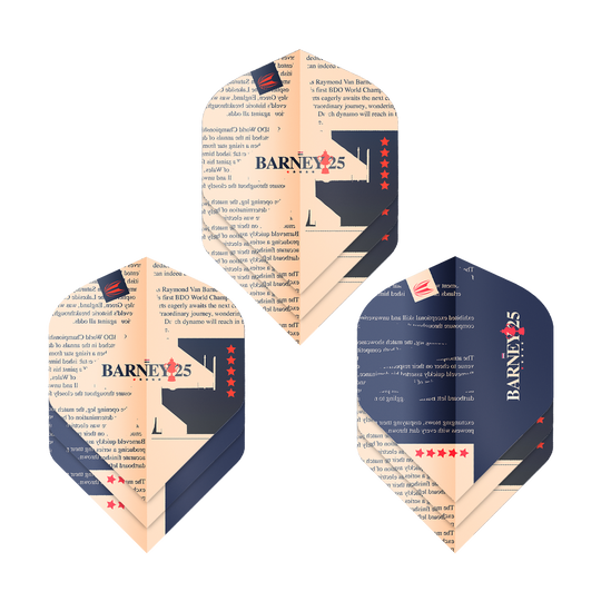 Das Bild zeigt drei Sätze von Target ProUltra Raymond Van Barneveld Barney25 Standard Flights. Die Flights sind in Beige und Dunkelblau gestaltet und tragen den Aufdruck "BARNEY25" mit roten Sternen.