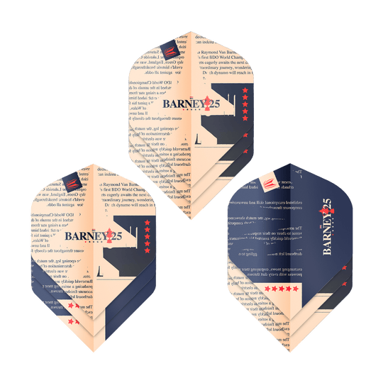 Target ProUltra Raymond Van Barneveld Barney25 Standard Flights Das Bild zeigt drei Sätze von Target ProUltra Raymond Van Barneveld Barney25 Standard Flights. Die Flights sind in Beige und Dunkelblau gestaltet und tragen den Aufdruck "BARNEY25" mit roten Sternen.