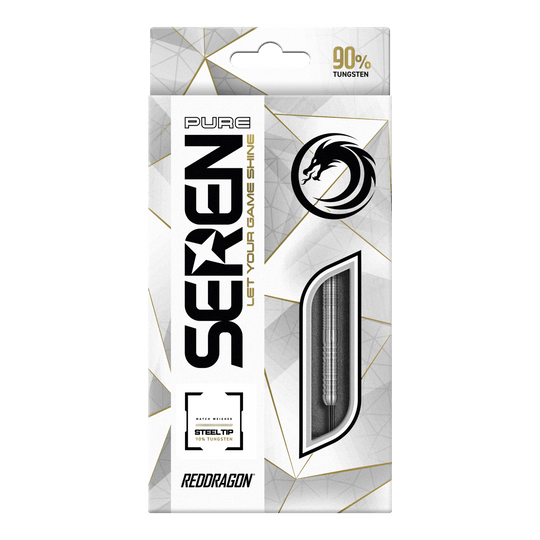 Red Dragon Seren 1 Pure Steeldarts Die Verpackung zeigt das Produkt "Red Dragon Seren 1 Pure Steeldarts". Auf der Vorderseite wird hervorgehoben, dass die Darts aus 90% Tungsten bestehen.