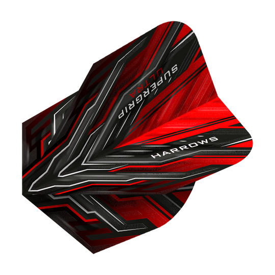 Das Bild zeigt das Produkt "Harrows Supergrip Ultra Red Standard Flights". Die Flights sind in Rot, Schwarz und Silber gestaltet und tragen den Markennamen sowie die Produktbezeichnung.
