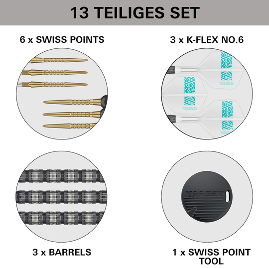 Target Rob Cross 95K Swiss Point Steel Darts Das Bild zeigt das 13-teilige Set der Target Rob Cross 95K Swiss Point Steeldarts. Es enthält 6 Swiss Points, 3 K-Flex No.6 Flights, 3 Barrels und 1 Swiss Point Tool.