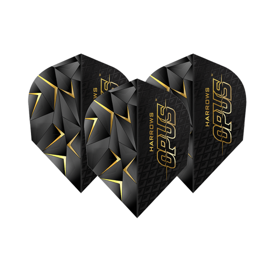 Das Bild zeigt die Harrows Opus Version 3 Flights. Sie sind schwarz mit goldenen Akzenten und geometrischem Muster gestaltet.