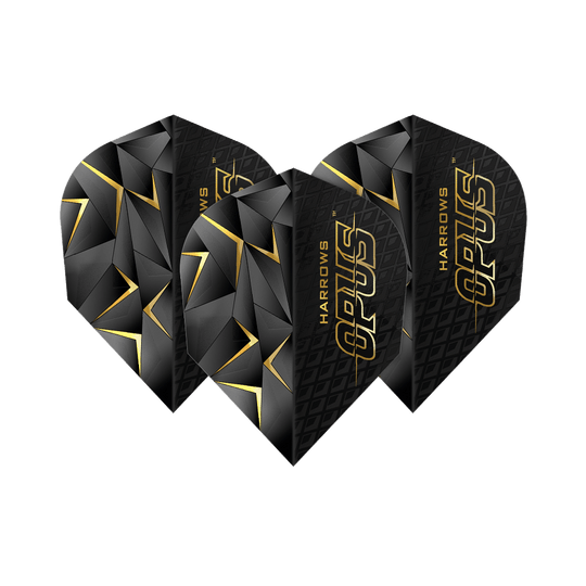 Harrow's Opus Version 3 Flights Das Bild zeigt die Harrows Opus Version 3 Flights. Sie sind schwarz mit goldenen Akzenten und geometrischem Muster gestaltet.