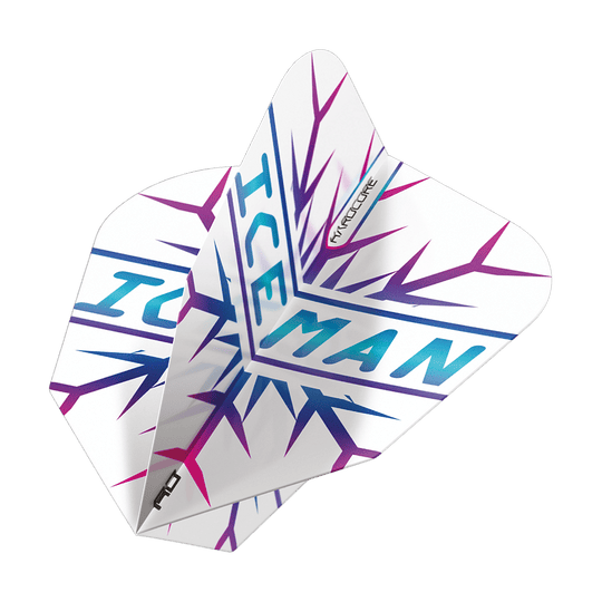 Das Bild zeigt das Produkt "Red Dragon Gerwyn Price Hardcore Flight Set". Die Flights sind weiß mit blauen und lila Eiszapfen-Designs und dem Schriftzug "ICEMAN".