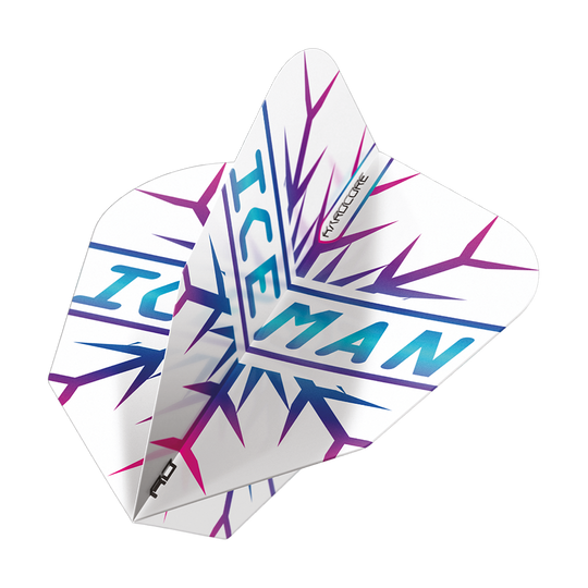 X0808_Red_Dragon_Gerwyn_Price_Hardcore_Flight_Set_4EjofFi6qJhAvu Das Bild zeigt das Produkt "Red Dragon Gerwyn Price Hardcore Flight Set". Die Flights sind weiß mit blauen und lila Eiszapfen-Designs und dem Schriftzug "ICEMAN".