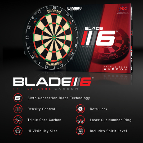 Dargestellt ist das Winmau Blade 6 Triple Core Set mit PDC Surround und 2 Sets Darts. Das Set bietet alles für einen gelungenen Dartsabend Zuhause.