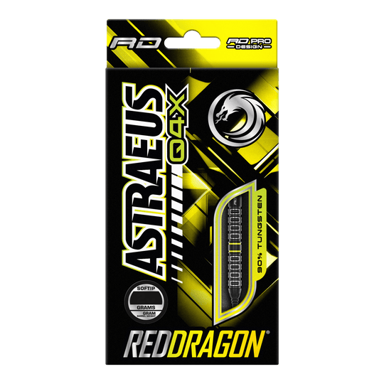 Red Dragon Astraeus Q4X Parallel Softdarts - 20g Die Verpackung zeigt die Softdarts "Red Dragon Astraeus Q4X Parallel" mit einem Gewicht von 20 Gramm. Das Design ist hauptsächlich in Schwarz und Gelb gehalten und hebt hervor, dass die Darts zu 90% aus Tungsten bestehen.