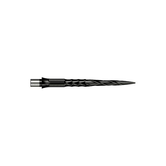 Abgebildet sind Caliburn Evo System Steeldartspitzen vom Typ Spiro NoLip in Schwarz mit 28 mm Länge. Das Produkt ist für den Einsatz in Steeldarts geeignet.