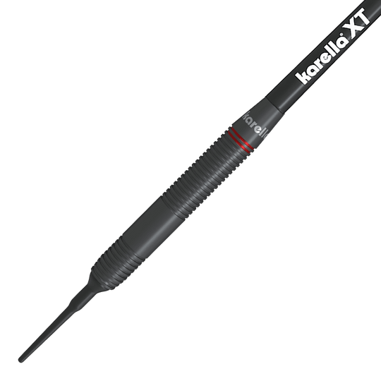 Karella Daniel Klose soft darts Das Bild zeigt einen Karella Daniel Klose Softdartpfeil. Der Dart ist hauptsächlich schwarz mit feinen Rillen und einem weißen "karella XT" Schriftzug.