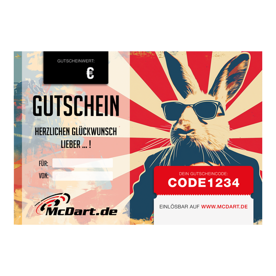 Easter voucher Das Bild zeigt einen Oster-Gutschein von McDart.de mit einem coolen Hasen mit Sonnenbrille. In der Mitte steht „Gutschein“ und rechts ist ein Feld für den Gutscheincode.