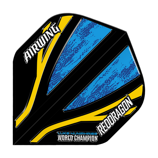 Red Dragon Airwing Luke Humphries World Champion Black Blue Standard Flights Das Bild zeigt ein Dart-Flight mit schwarzem, blauem und gelbem Design. Auf dem Flight stehen die Wörter "AIRWING", "REDDRAGON" und "LUKE HUMPHRIES WORLD CHAMPION".