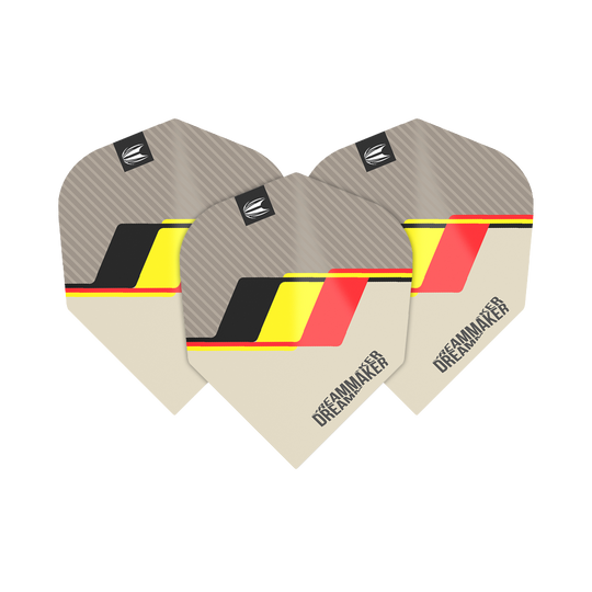 Das Bild zeigt drei Target Pro Ultra Dimitri Van Den Bergh No6 Flights. Sie haben ein modernes Design mit den Farben Schwarz, Gelb und Rot sowie dem Schriftzug "DREAMMAKER".