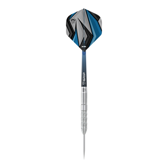 Bulls Stone S2 Steeldarts Das Bild zeigt einen Bulls Stone S2 Steeldart mit silbernem Schaft und spitzer Metallspitze. Die Flights sind in Blau, Schwarz und Grau mit einem modernen, geometrischen Muster gestaltet.
