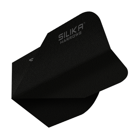 Harrows Silica Solid Tough Crystalline Coating Black No6 Flight Das Bild zeigt ein schwarzes Dartflight mit der Aufschrift "SILIKA HARROWS". Es handelt sich um das Modell "Harrows Silika Solid Tough Crystalline Coating Black No6 Flight".