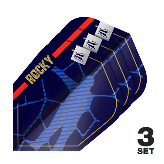 Das Bild zeigt drei Sätze der Target Pro Ultra Josh Rock GEN1 Ten-X Flights. Die Flights sind dunkelblau mit goldenen, roten und blauen Akzenten und dem Schriftzug "ROCKY".