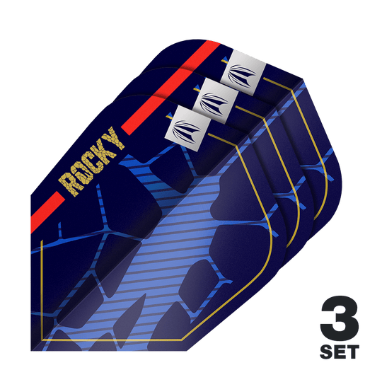 Target Pro Ultra Josh Rock GEN1 Ten-X Flights - 3 Sets Das Bild zeigt drei Sätze der Target Pro Ultra Josh Rock GEN1 Ten-X Flights. Die Flights sind dunkelblau mit goldenen, roten und blauen Akzenten und dem Schriftzug "ROCKY".