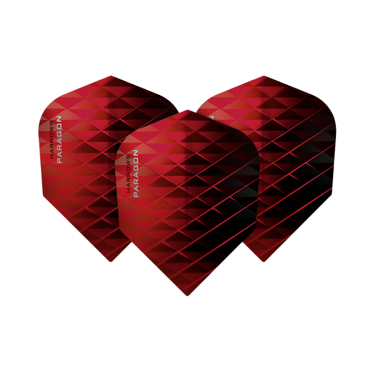 Das Bild zeigt drei rote Dart-Flights mit einem geometrischen Muster. Auf den Flights steht der Schriftzug "Harrows Paragon".
