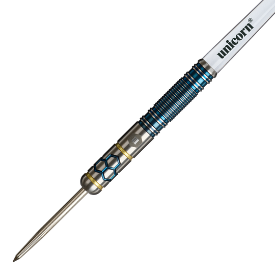 Hier sind die Unicorn Hexium Style 02 Blue & Gold Steeldarts zu sehen. Das Produkt überzeugt durch sein modernes Design.